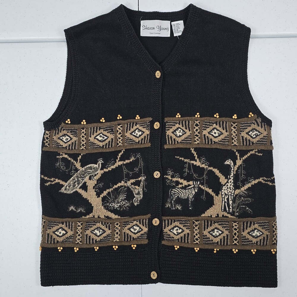 Vintage 90s SHARON YOUNG M Knit Sweater Vest Safari/ Animals/Beads Black